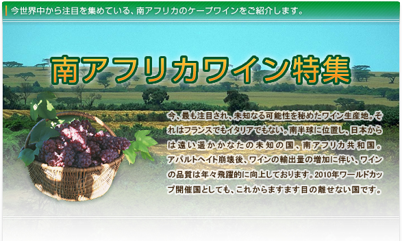 今世界中から注目を集めている、
南アフリカのケープワインをご紹介します。
南アフリカワイン特集
今、最も注目され、未知なる可能性を秘めたワイン生産地。
それはフランスでもイタリアでもない。南半球に位置し、
日本からは遠い遥かかなたの未知の国、南アフリカ共和国。
アパルトヘイト崩壊後、ワインの輸出量の増加に伴い、
ワインの品質は年々飛躍的に向上しております。
2010年ワールドカップ開催国としても、
これからますます目の離せない国です。